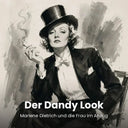 Illustration von Marlene Dietrich im Frack mit Zylinder, weißer Fliege und Zigarette