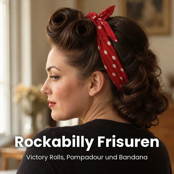 Frau mit Rockabilly Frisur aus Victory Rolls und rotem Bandana mit weißen Punkten