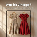 Zwei Kleider an einer Kleiderstange: links ein verblichenes Vintage-Kleid der 1950er Jahre mit Blumenmuster, rechts ein neues rotes Retro-Kleid