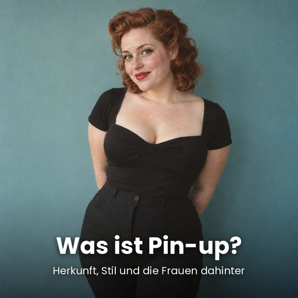 Rothaarige Frau mit Pin-up-Locken, rotem Lippenstift und schwarzem Oberteil mit Herzausschnitt vor einer petrolfarbenen Wand