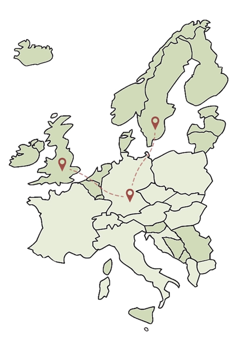 Europa-Karte mit Herkunft von Vintage-Marken aus Großbritannien, Schweden und Deutschland