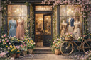 Vintage Modegeschäft mit Schaufenster voller Retro-Kleider, Blumen und dekoriertem Fahrrad vor dem Eingang