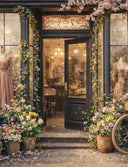Vintage Modegeschäft mit Schaufenster voller Retro-Kleider, Blumen und dekoriertem Fahrrad vor dem Eingang