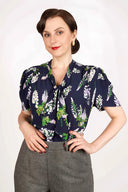 Ingrid Pussy Bow Blouse in Navy Wisteria | Weekend Doll - Bright House Vintage
