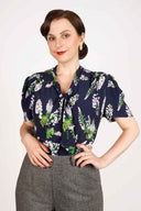 Ingrid Pussy Bow Blouse in Navy Wisteria | Weekend Doll - Bright House Vintage