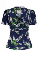 Ingrid Pussy Bow Blouse in Navy Wisteria | Weekend Doll - Bright House Vintage
